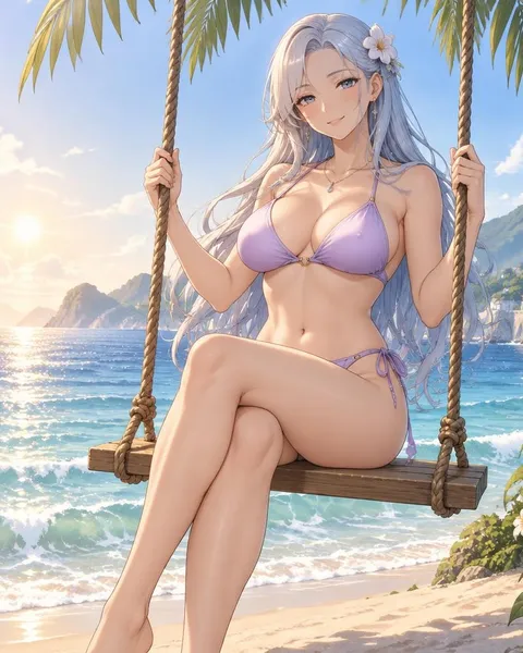 Brisenne, an adult anime companion sitting on a rope swing by the sea