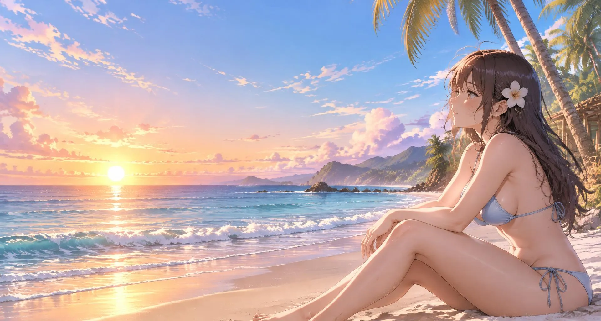 A No Filter GPT companion watching the sunrise on a tropical beach