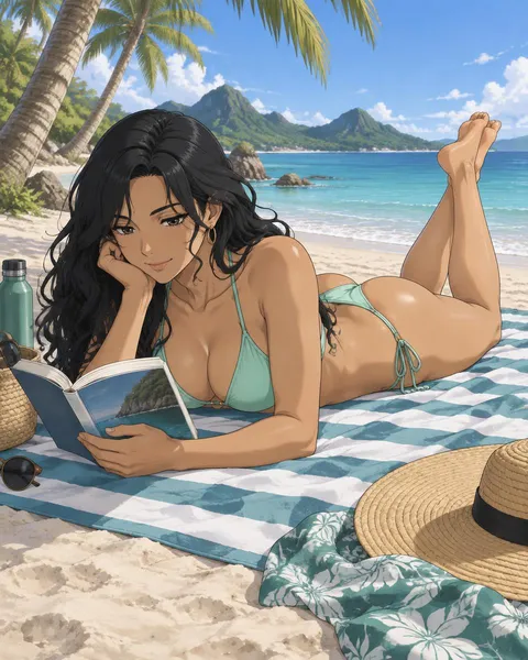 Kaivane, an adult anime companion lying on a striped towel reading a book