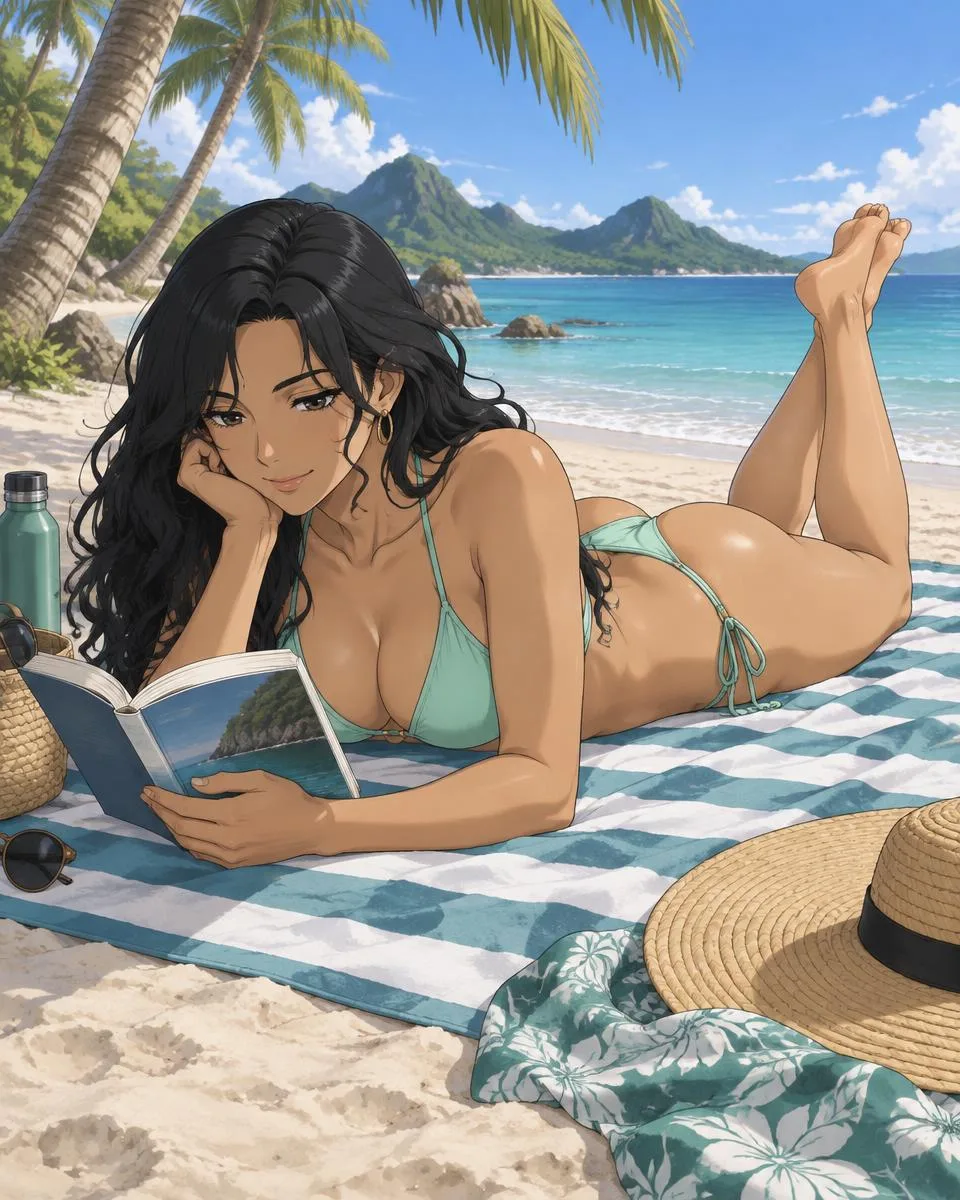 Kaivane, an adult anime companion lying on a striped towel reading a book