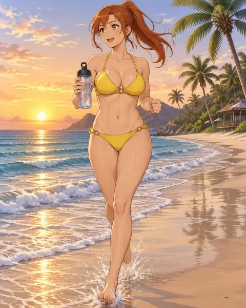 Orlaith, an adult anime companion jogging along the waterline